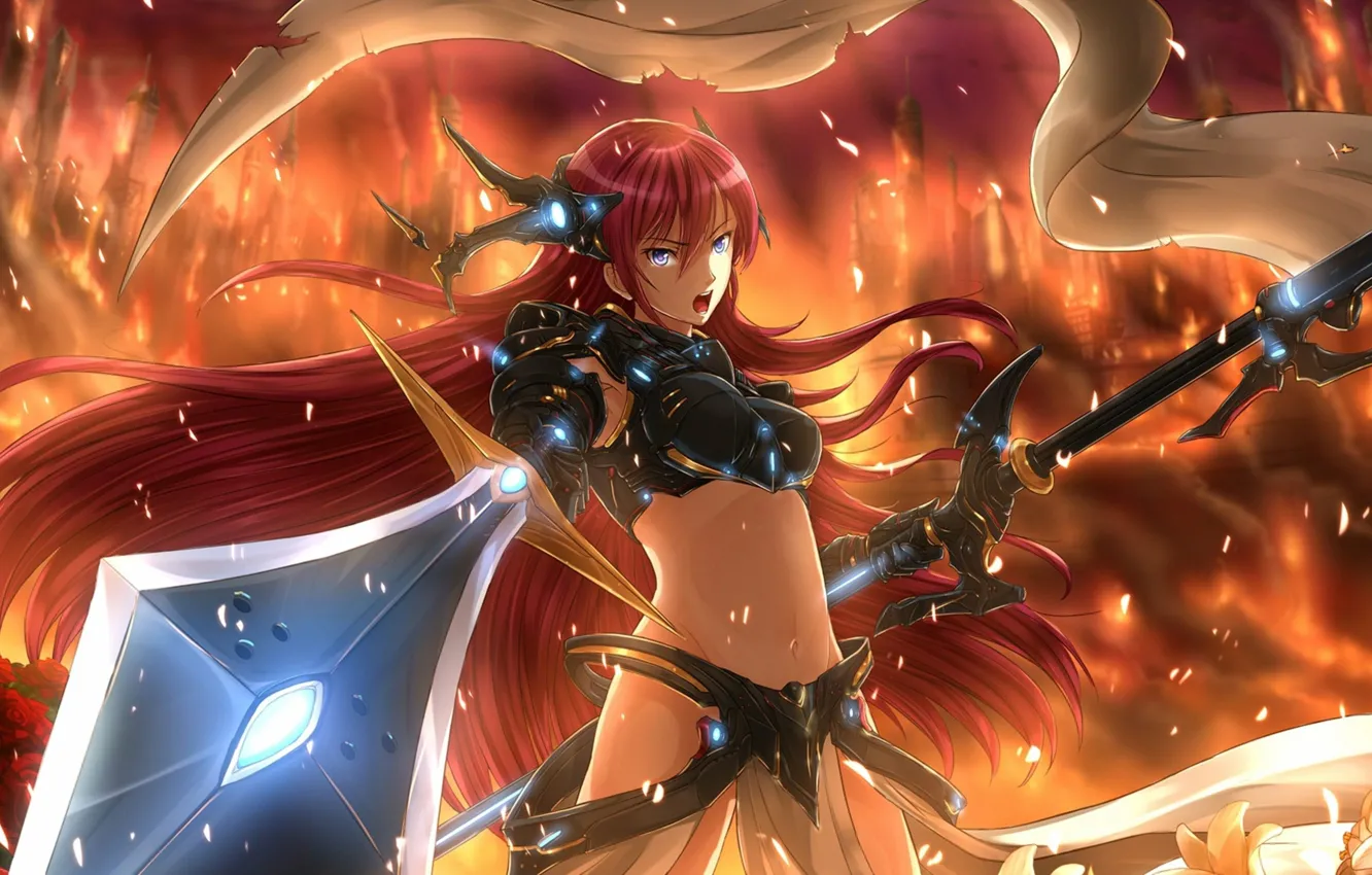 Фото обои music, fire, flame, sword, Vocaloid, armor, war, fight