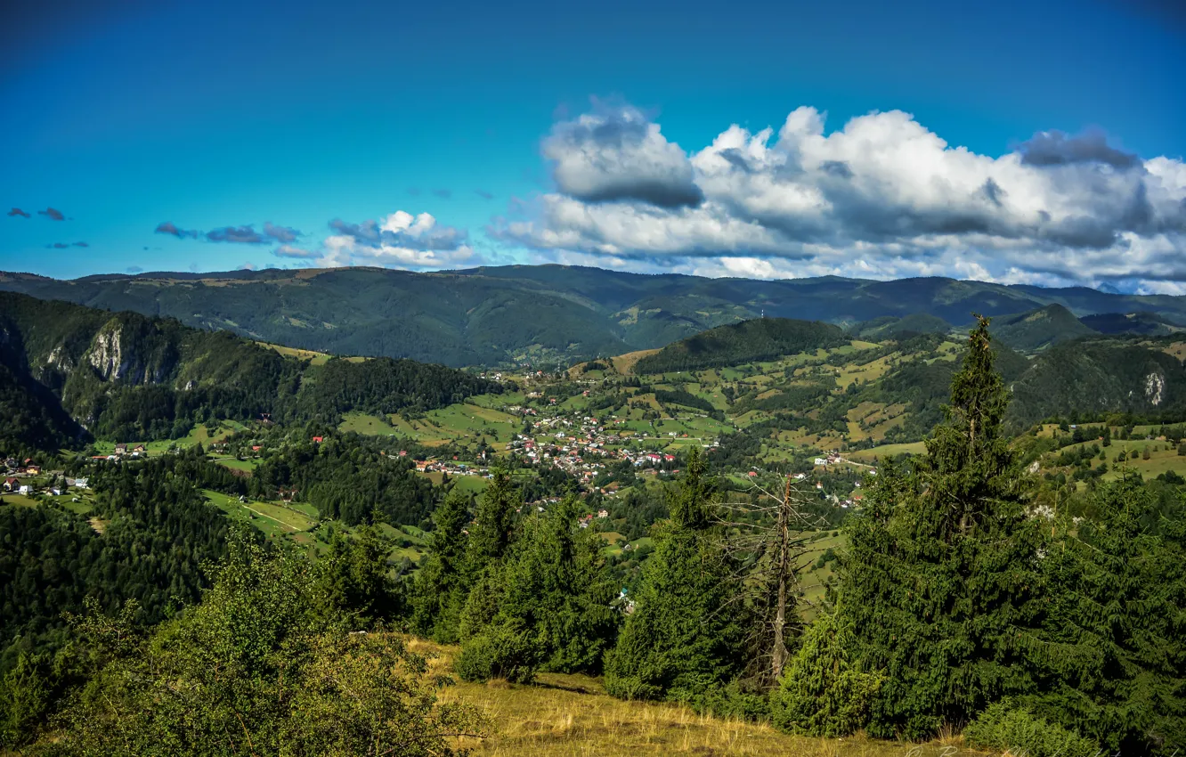 Фото обои Природа, Панорама, Nature, Landscape, Village, Romania, Panorama, Румыния