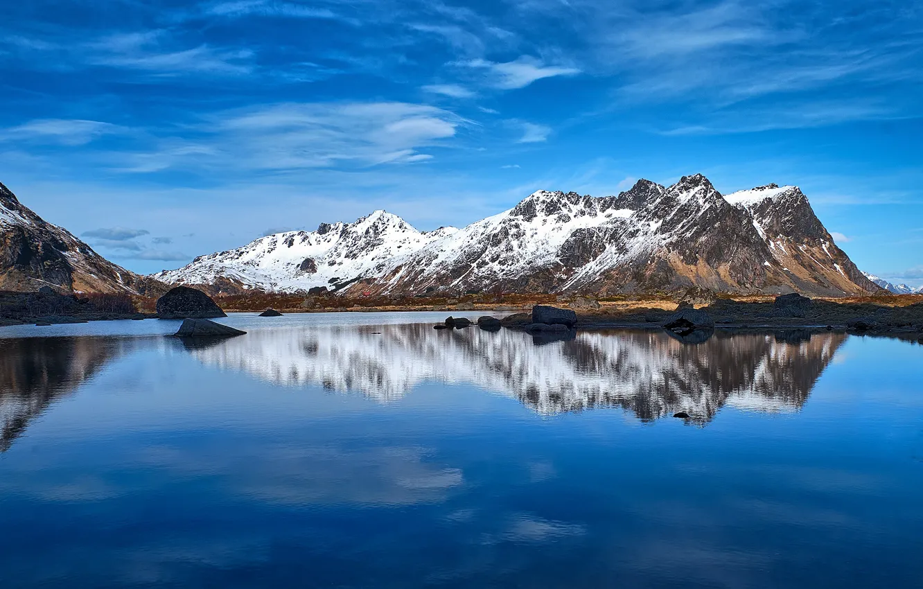 Фото обои небо, горы, отражение, Норвегия, Lofoten