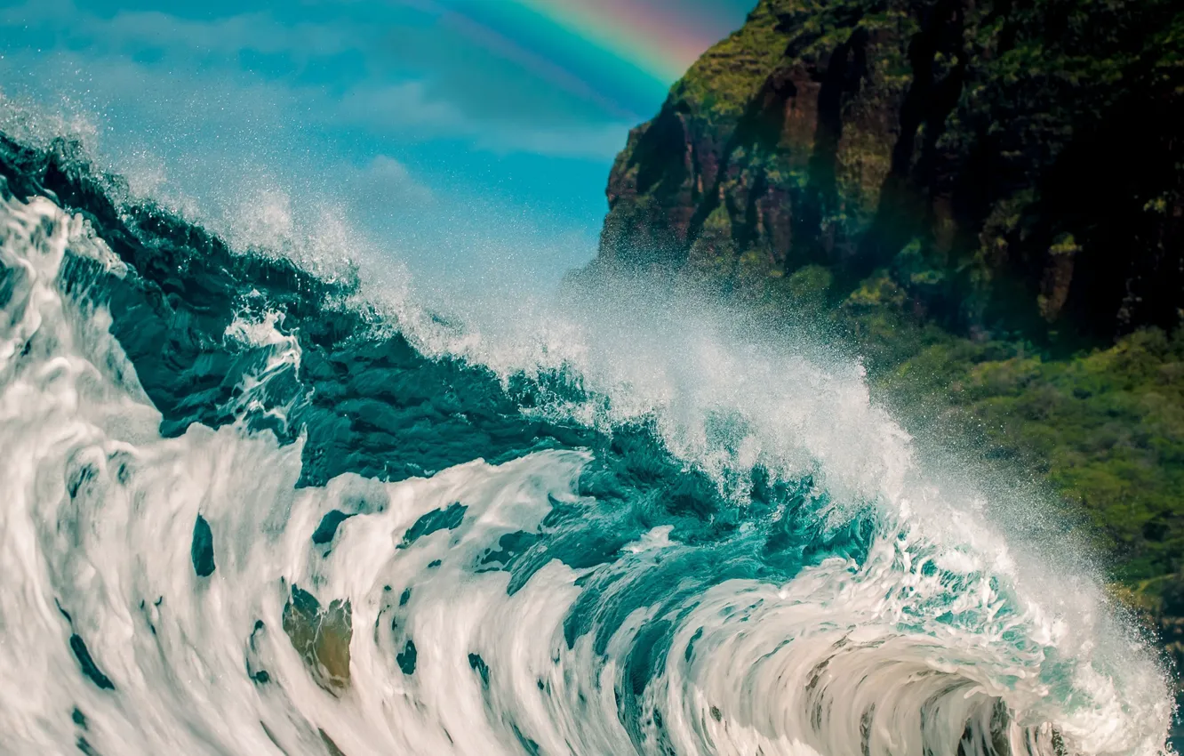 Фото обои море, горы, природа, океан, волна, радуга, Гавайи