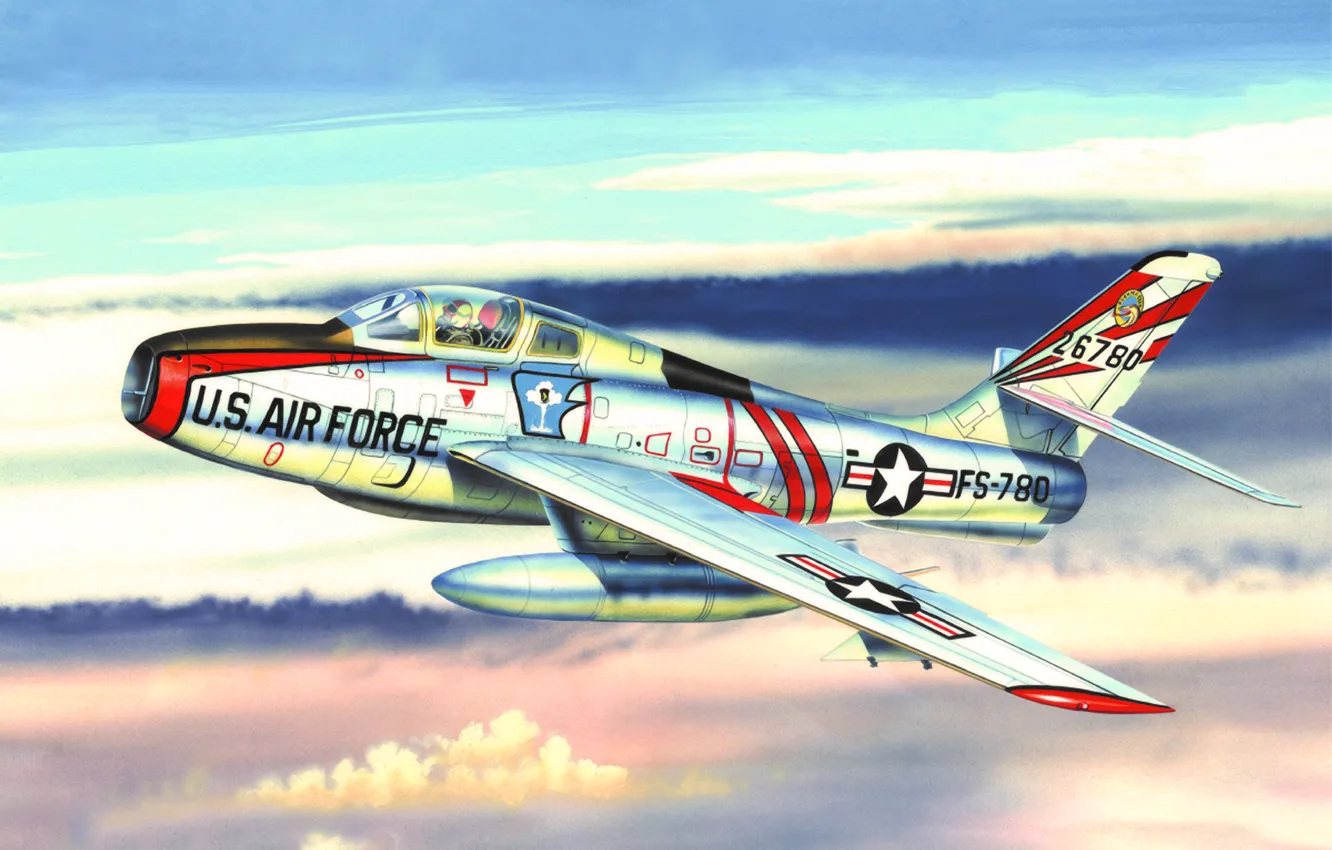 Фото обои war, art, painting, aviation, jet, Republic F-84 Thunderjet
