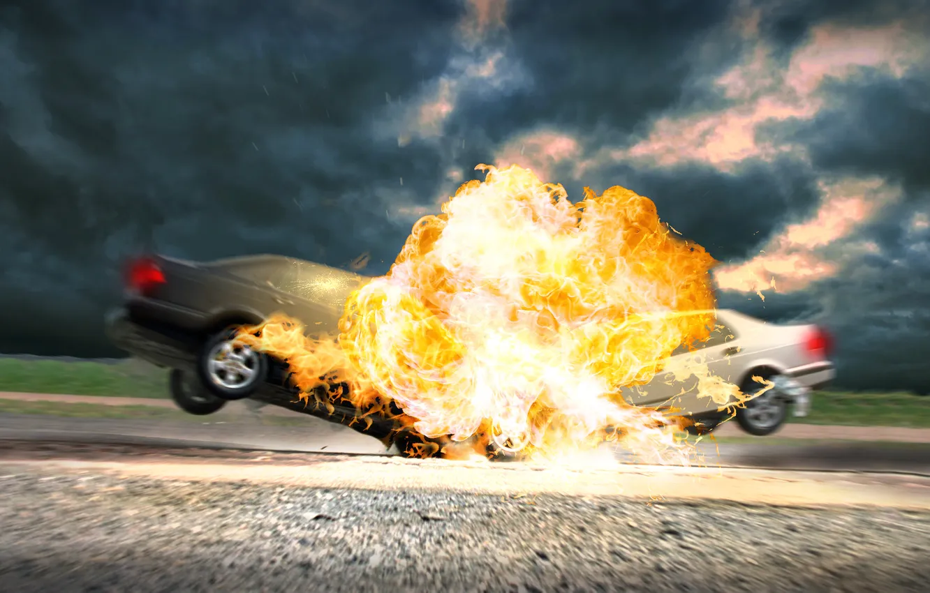 Фото обои машины, взрыв, столкновение