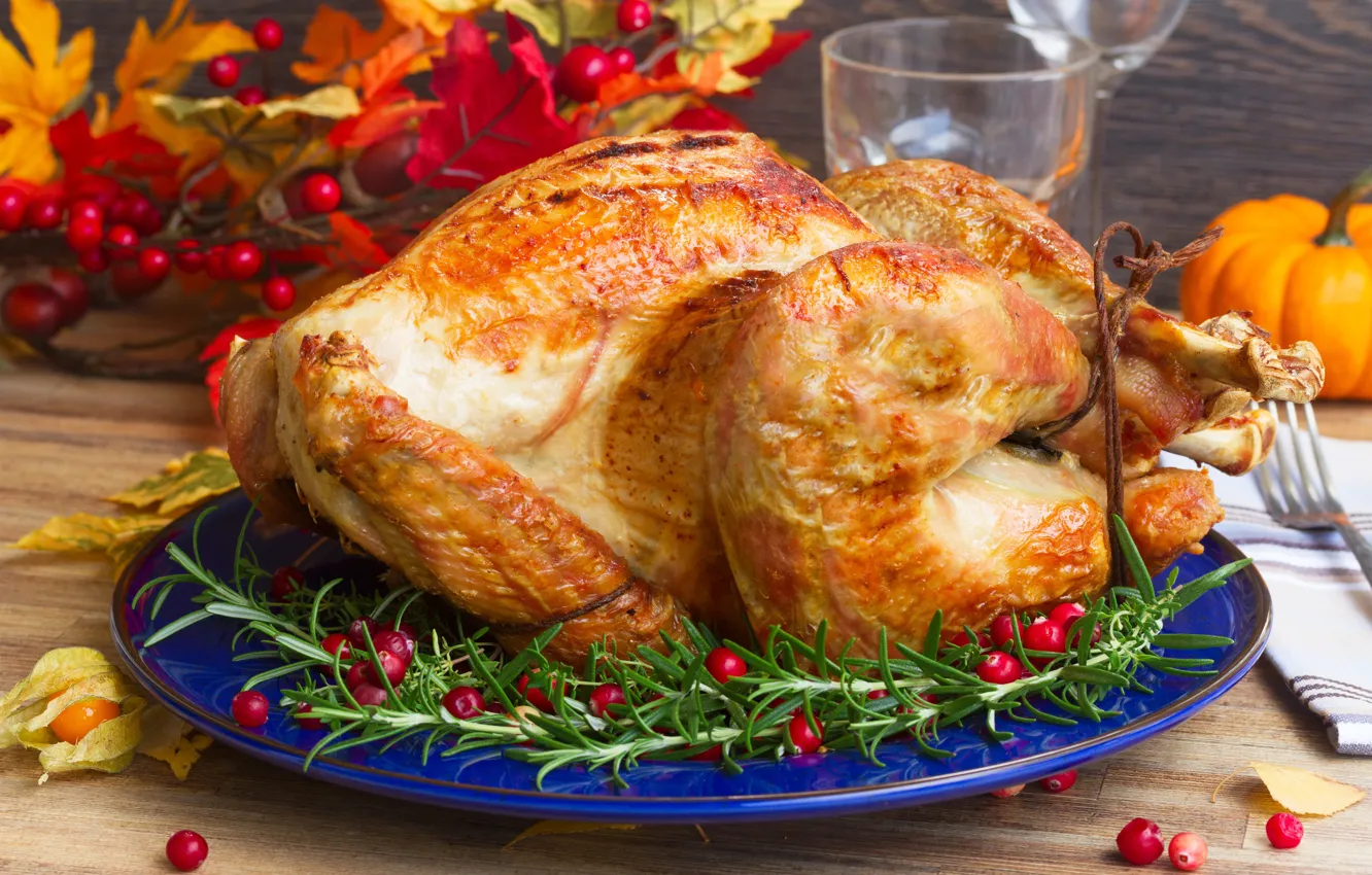 Фото обои ягоды, праздник, курица, тыква, специи, pumpkin, клюква, Chicken