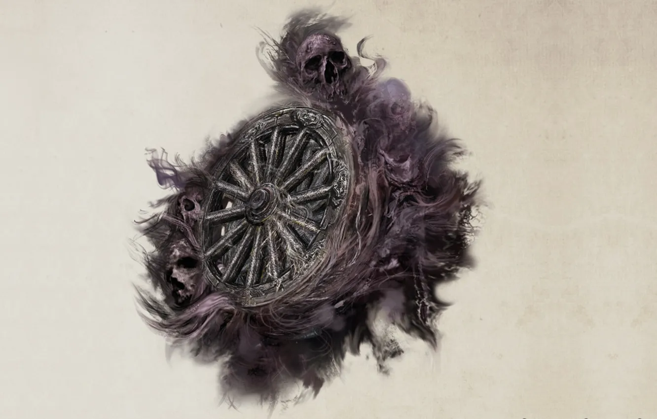 Фото обои skull, wheels, smoke, digital art, creepy, simple background