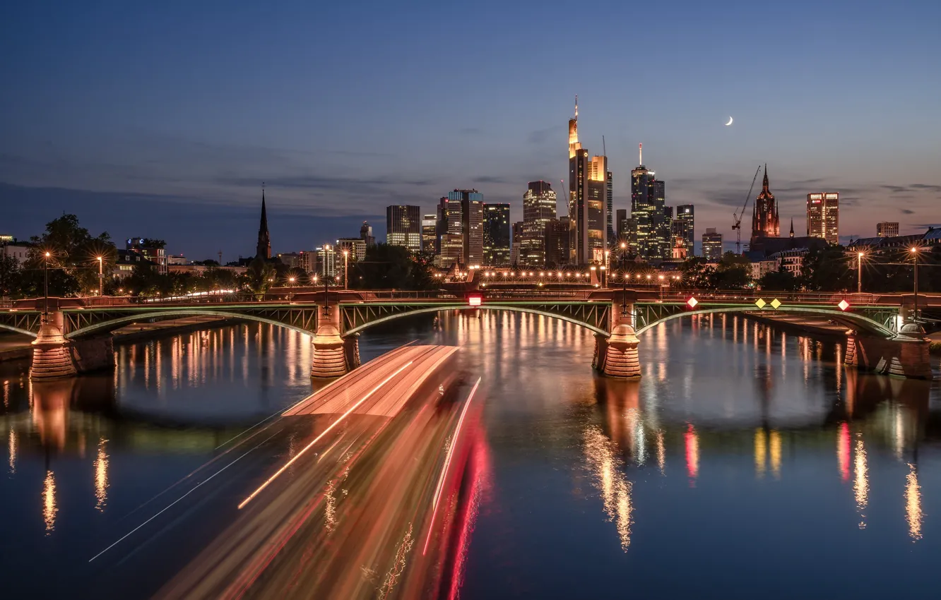 Фото обои мост, огни, река, вечер, Германия, skyline, Frankfurt