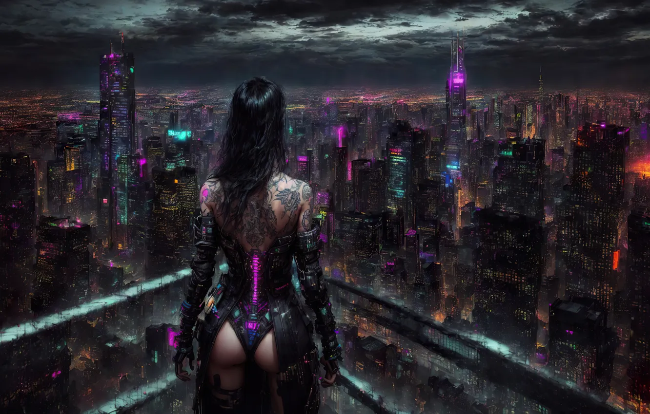 Фото обои girl, fantasy, night, art, painting, digital art, town, fantasy art