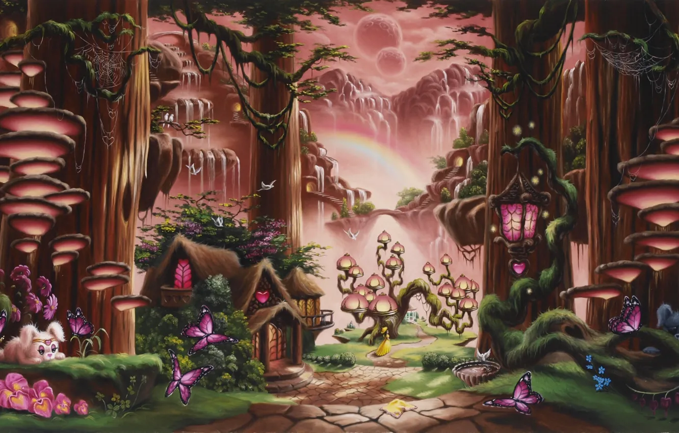 Фото обои лес, девушка, деревья, бабочки, закат, цветы, горы, грибы