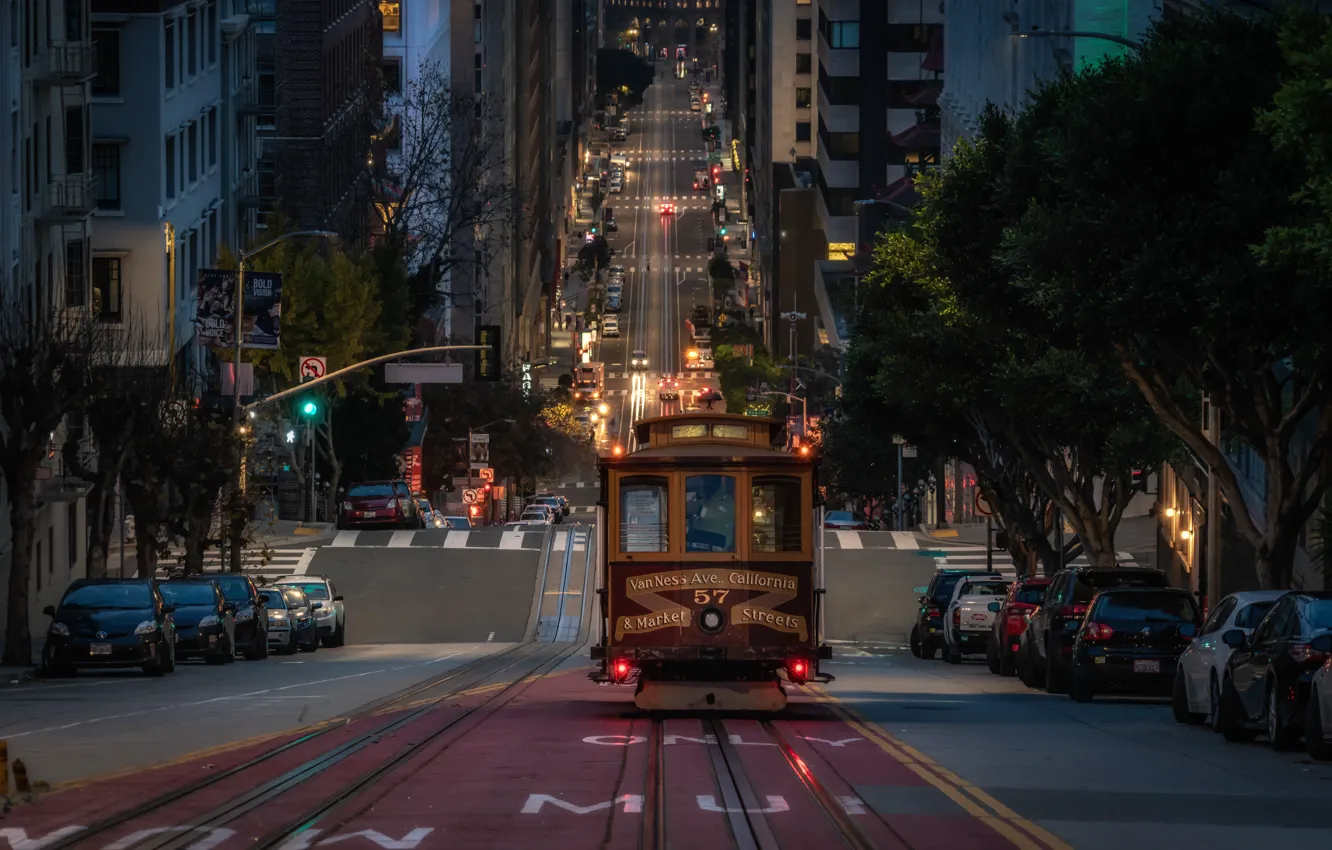 Фото обои дорога, авто, машины, улица, здания, Калифорния, Сан-Франциско, трамвай