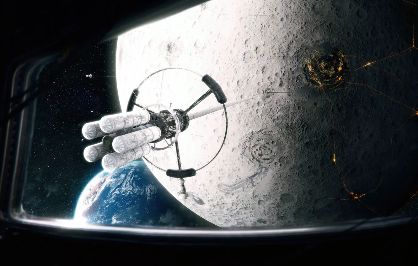 Фото обои Звезды, Луна, Планета, Космос, Корабль, Земля, Иллюминатор, Moon