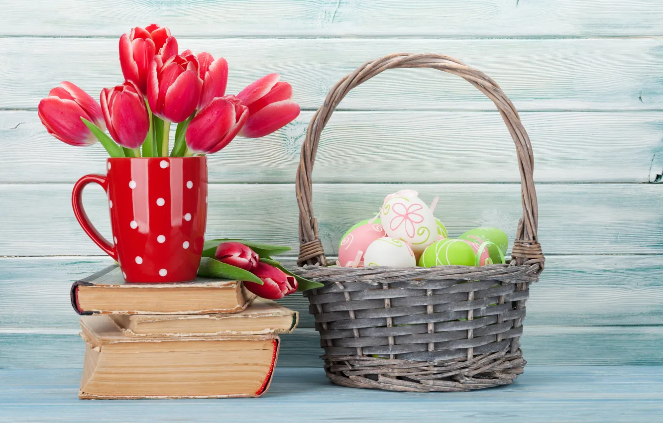 Фото обои цветы, яйца, весна, colorful, Пасха, тюльпаны, red, happy