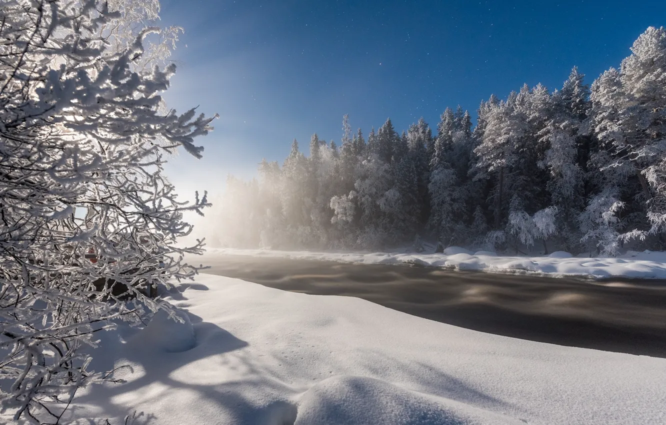 Фото обои зима, снег, туман, река, утро