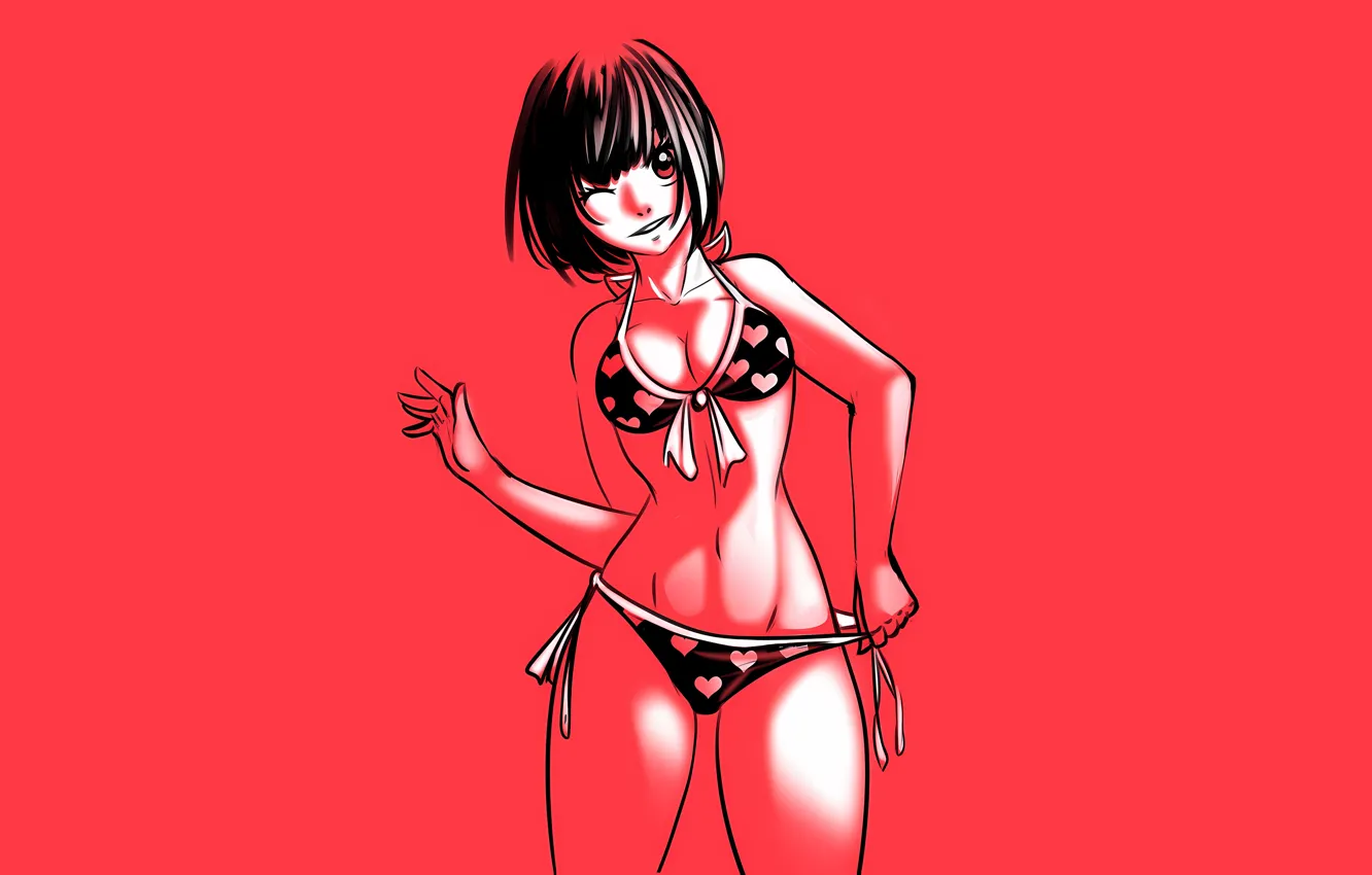 Фото обои girl, sexy, cleavage, boobs, anime, beautiful, red eyes, short hair