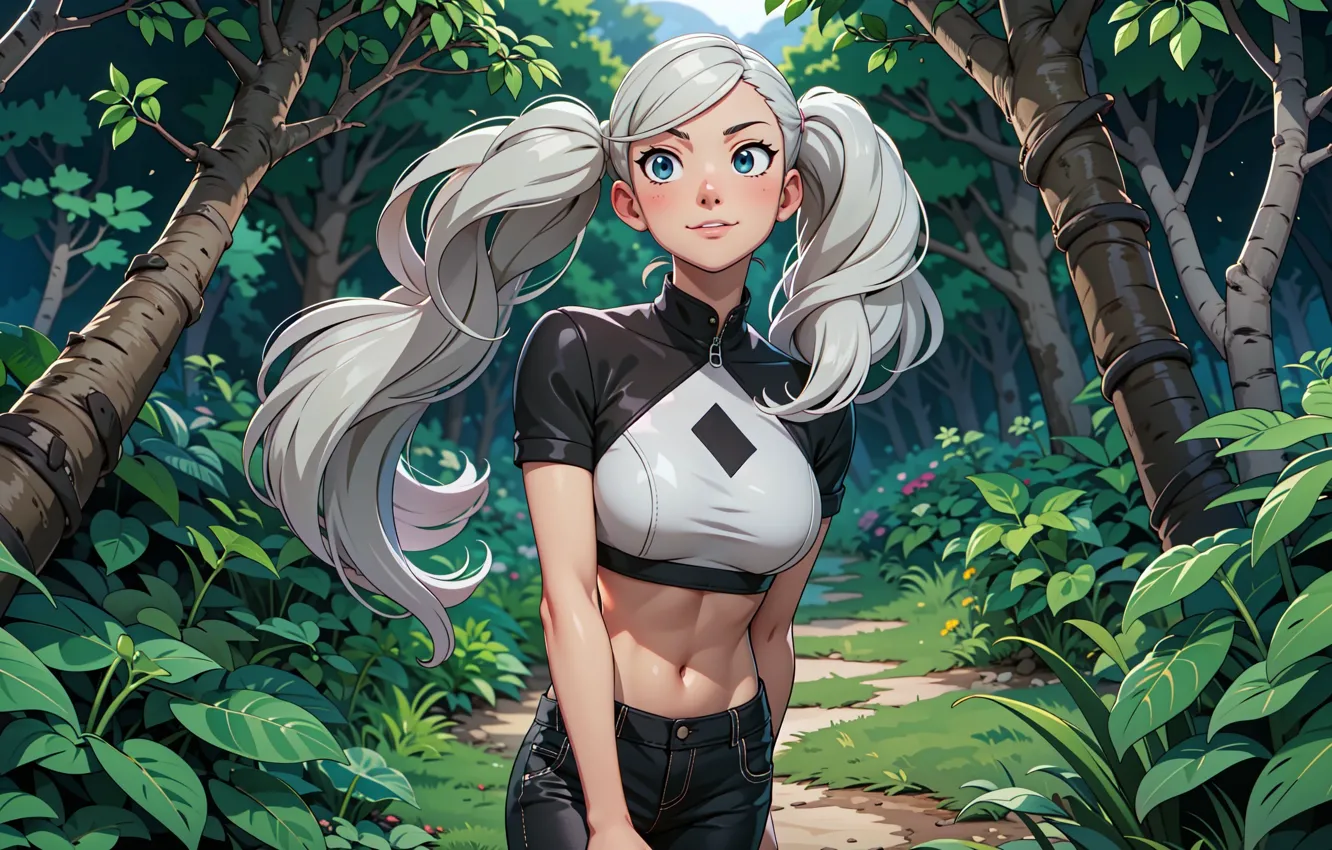 Фото обои forest, pretty woman, Ann Takamaki, anime illustration, extreme closeup portrait