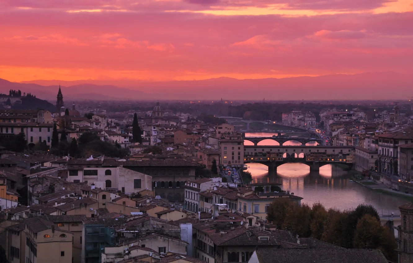 Фото обои река, Италия, зарево, Флоренция, Старый Мост, Арно