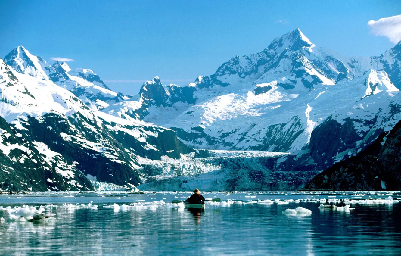Фото обои горы, озеро, лодка, человек, Аляска, весло