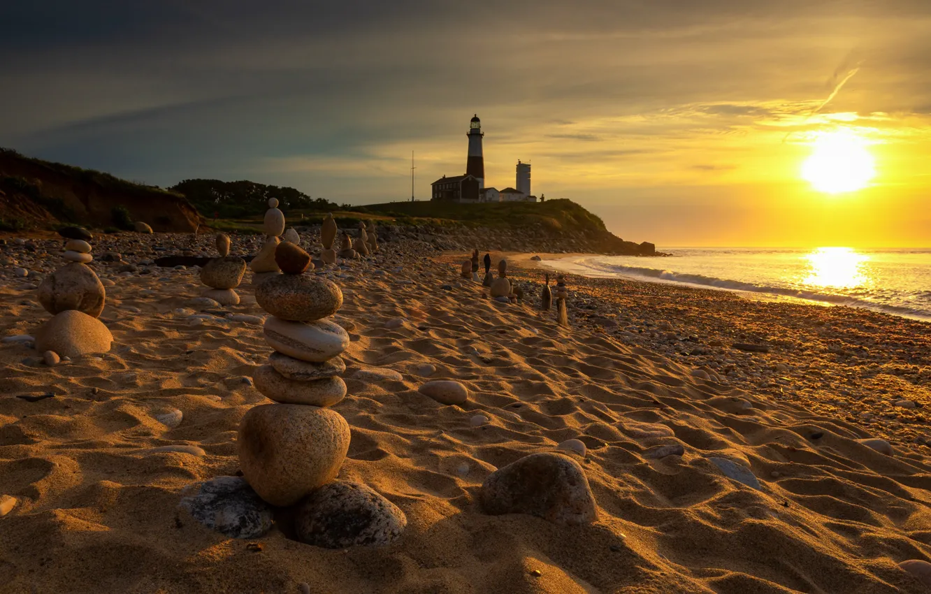 Фото обои Beach, Golden Sunrise, Montauk Lighthouse