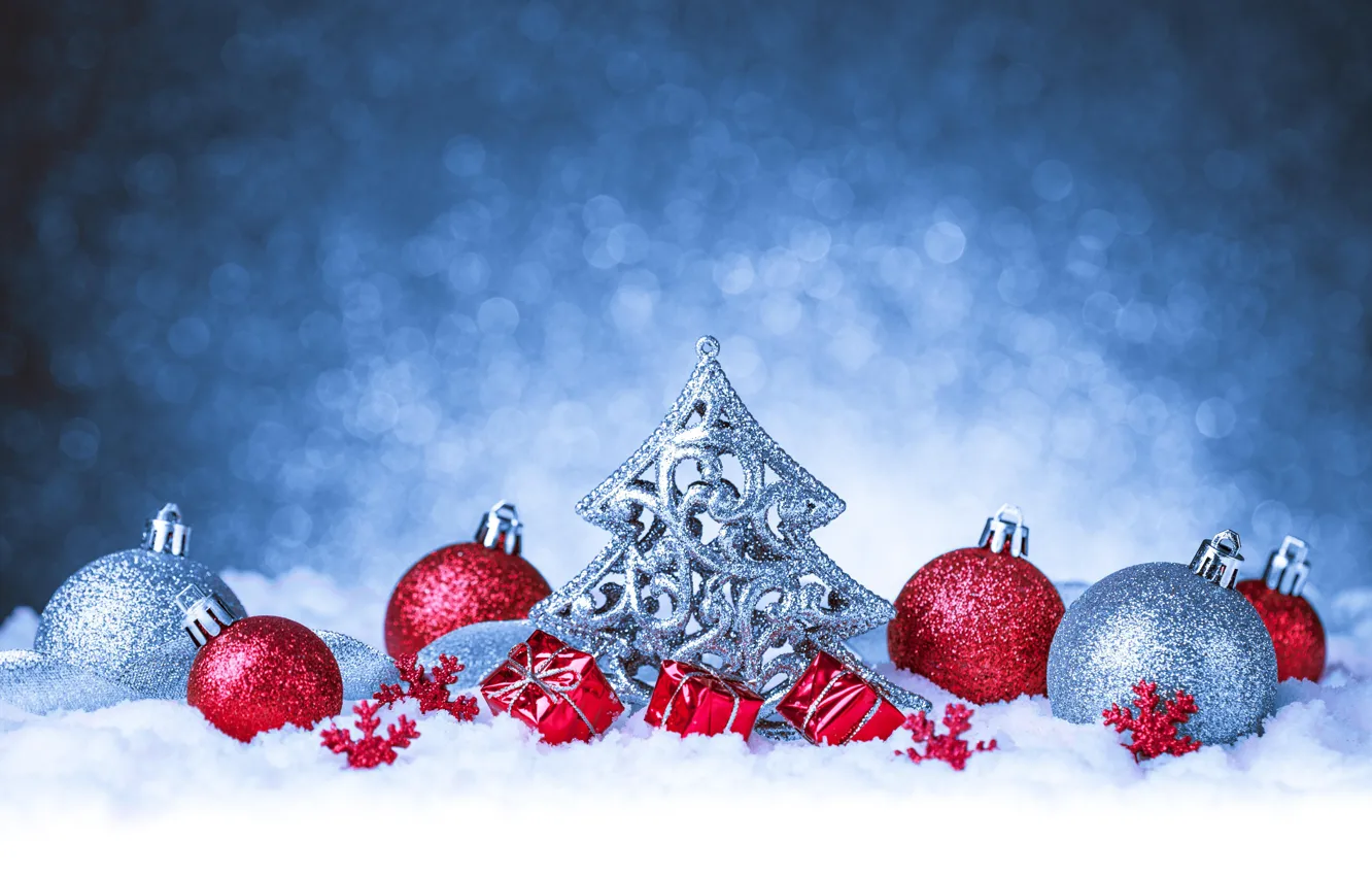 Фото обои шарики, снег, фон, шары, Рождество, Новый год, мишура, ёлочка