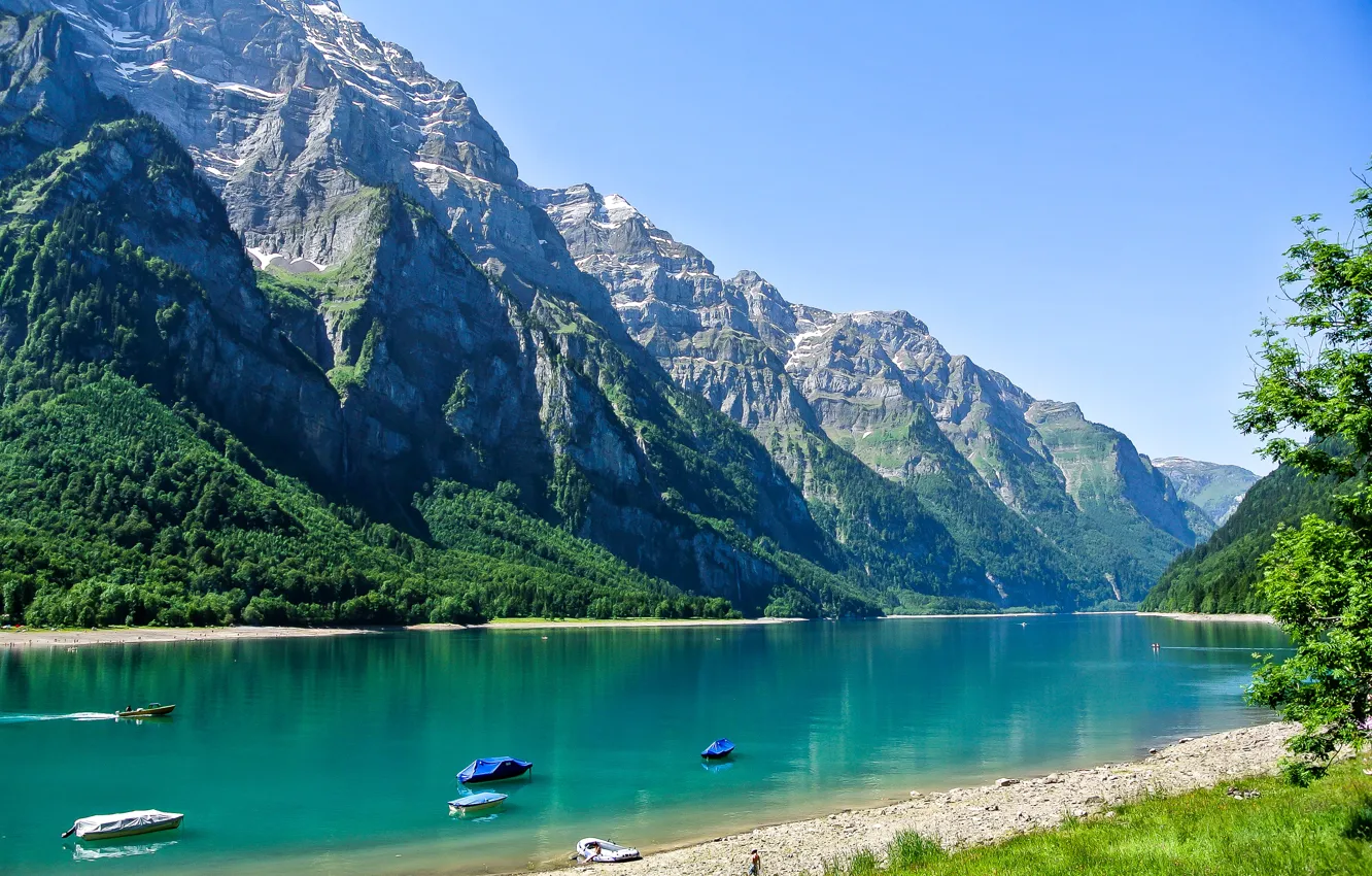 Фото обои горы, озеро, берег, лодки, Швейцария, Glarus