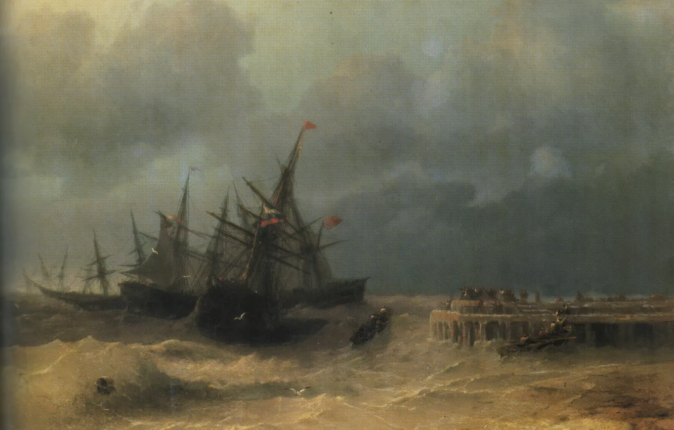 Фото обои шторм, корабли, картина, морской пейзаж, Иван Айвазовский, 1872, Спасающиеся от Бури