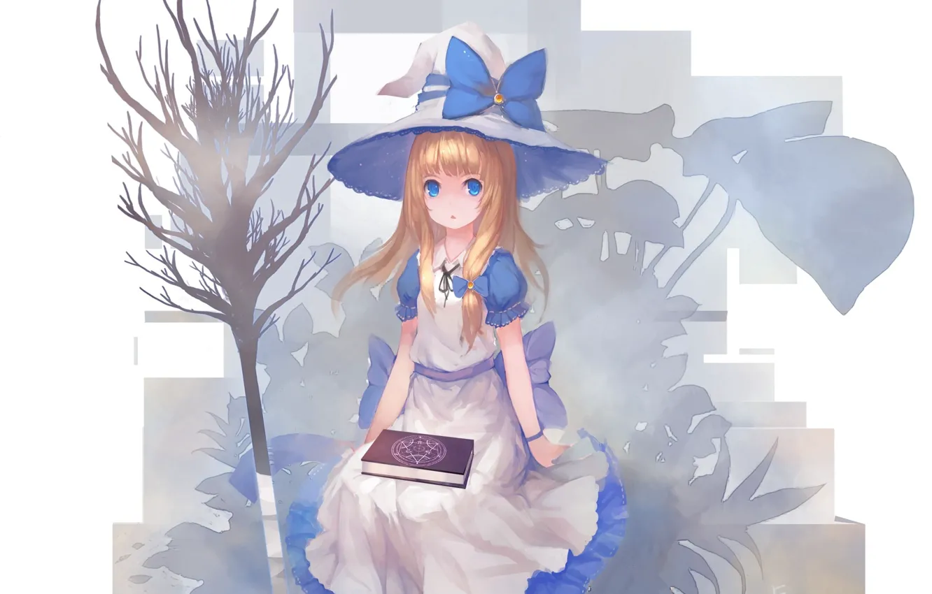 Фото обои шляпа, белый фон, книга, голубые глаза, бант, Alice in Wonderland, ведьмочка, Touhou Project