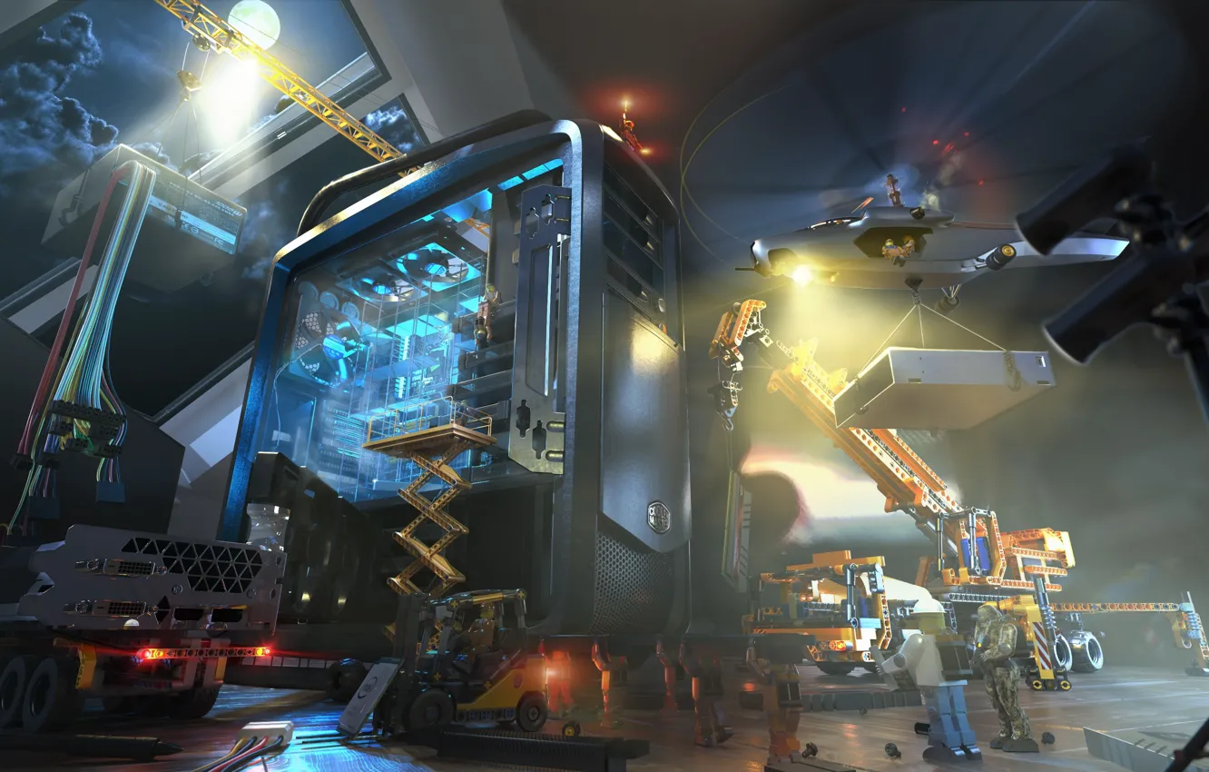 Фото обои работа, блоки, кран, монтаж, Work Station