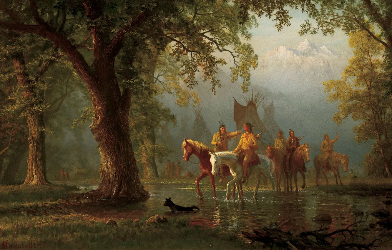 Фото обои картина, живопись, painting, Albert Bierstadt, Departure Indian War Party