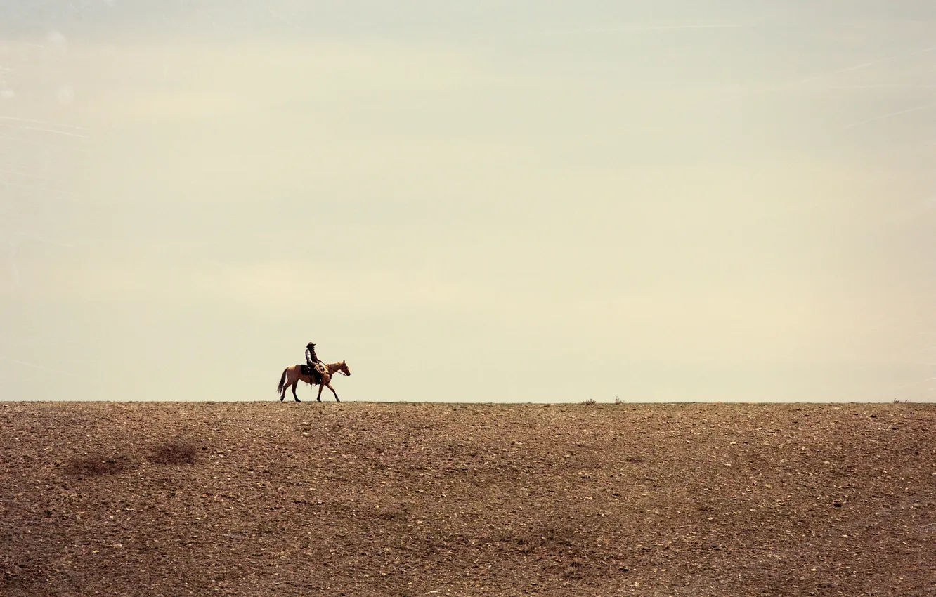 Фото обои поле, небо, облака, лошадь, линия, горизонт, ковбой, ферма