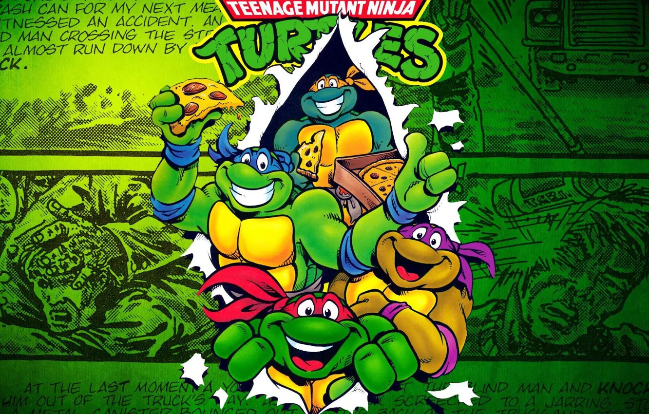 Фото обои пицца, донателло, микеланджело, turtles, TMNT, комикс, леонардо, черепашки ниндзя