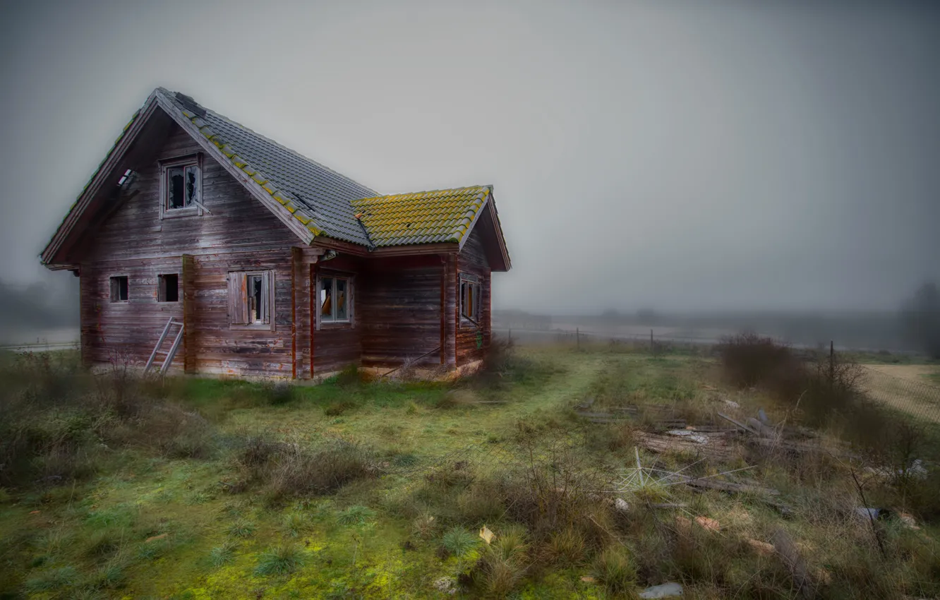 Фото обои поле, туман, дом
