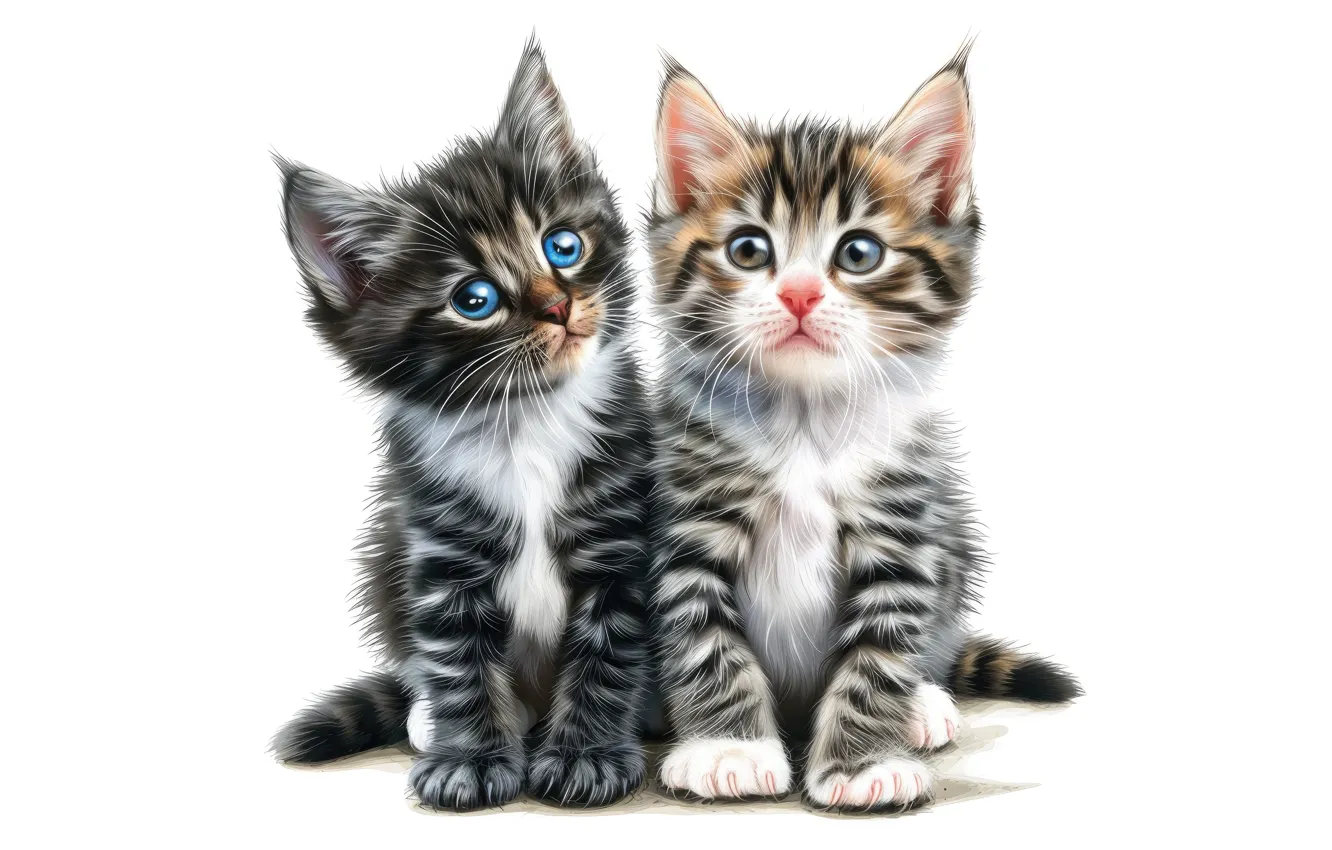 Фото обои взгляд, кошки, поза, котенок, котята, белый фон, парочка, дуэт