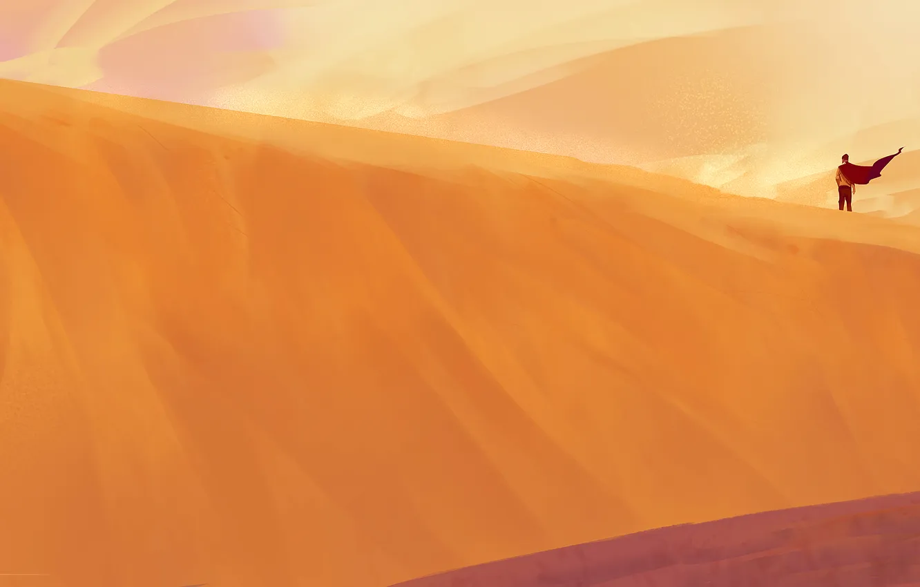 Фото обои барханы, ветер, пустыня, человек, арт, плащ