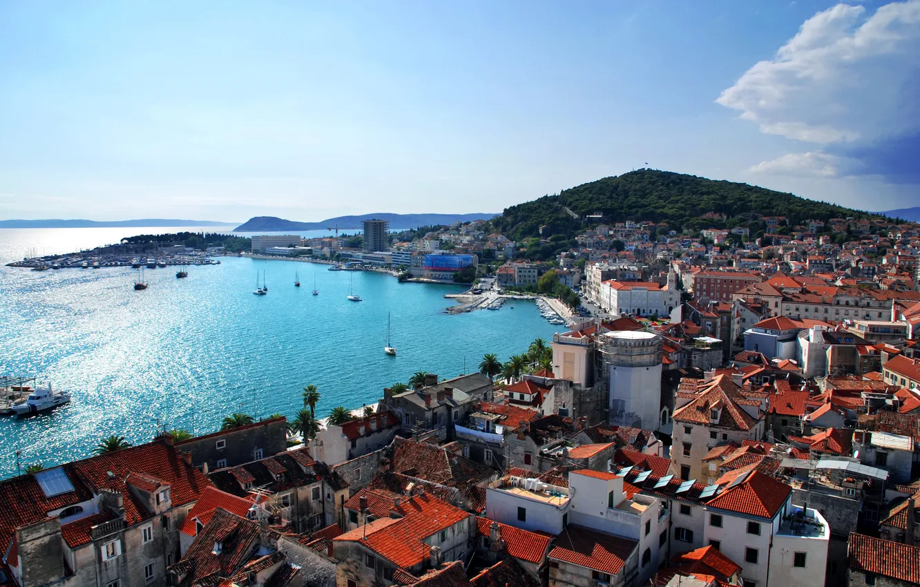 Фото обои море, побережье, дома, бухта, яхты, Хорватия, Split