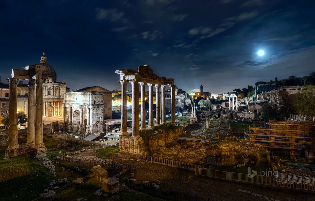 Фото обои ночь, огни, Луна, Рим, Италия, развалины, руины, форум