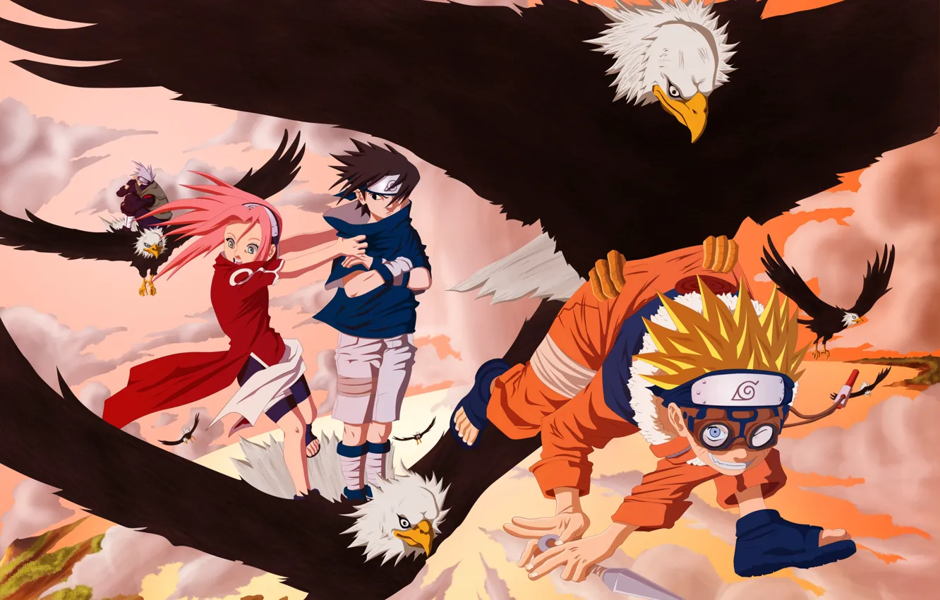 Фото обои Naruto, anime, eagle, ninja, team 7, Uchiha Sasuke, shinobi, japanese