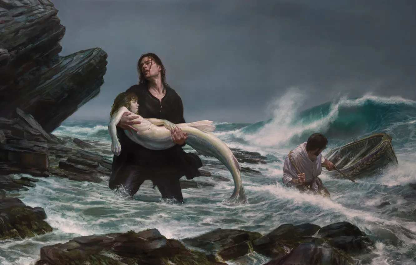 Фото обои море, шторм, русалка, картина, рыбаки, Donato Giancola