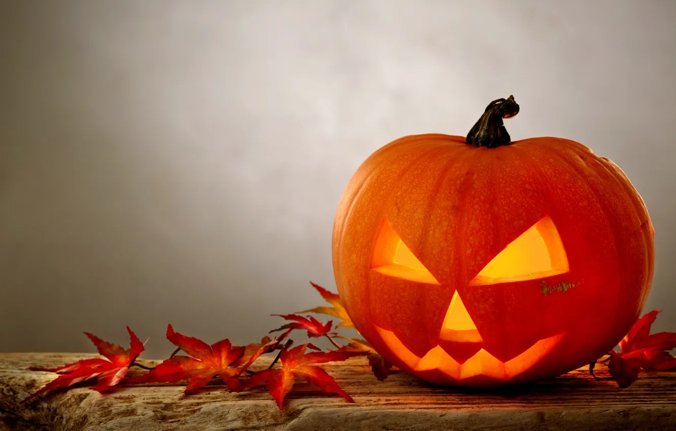 Фото обои листья, стол, фон, праздник, Halloween, тыква, Хеллоуин