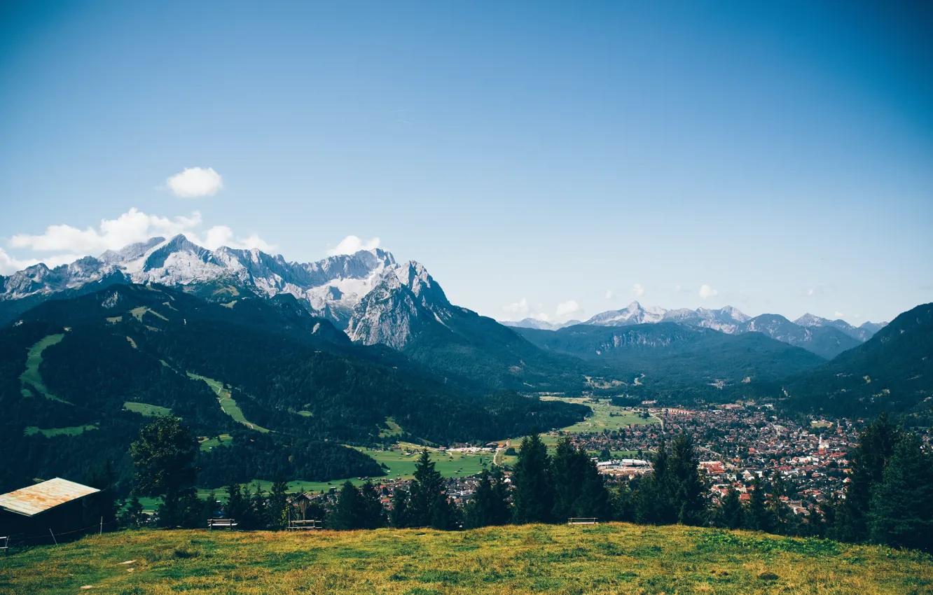 Фото обои City, House, Sky, Wood, Landscape, Mountain, Trees, Garmisch-Partenkirchen