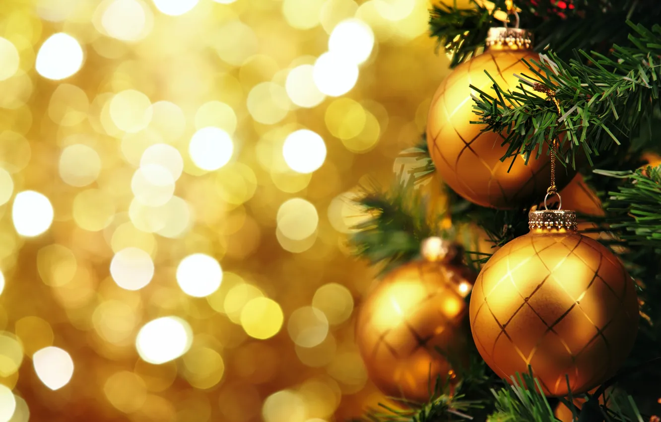 Фото обои украшения, шары, елка, Новый Год, Рождество, golden, Christmas, balls