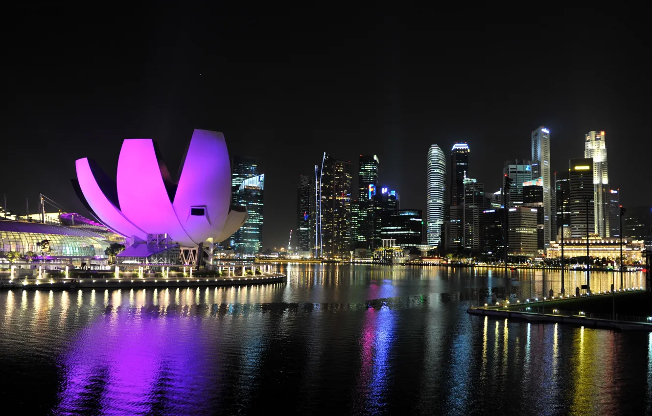 Фото обои вода, отражения, ночь, город, огни, небоскребы, подсветка, Сингапур