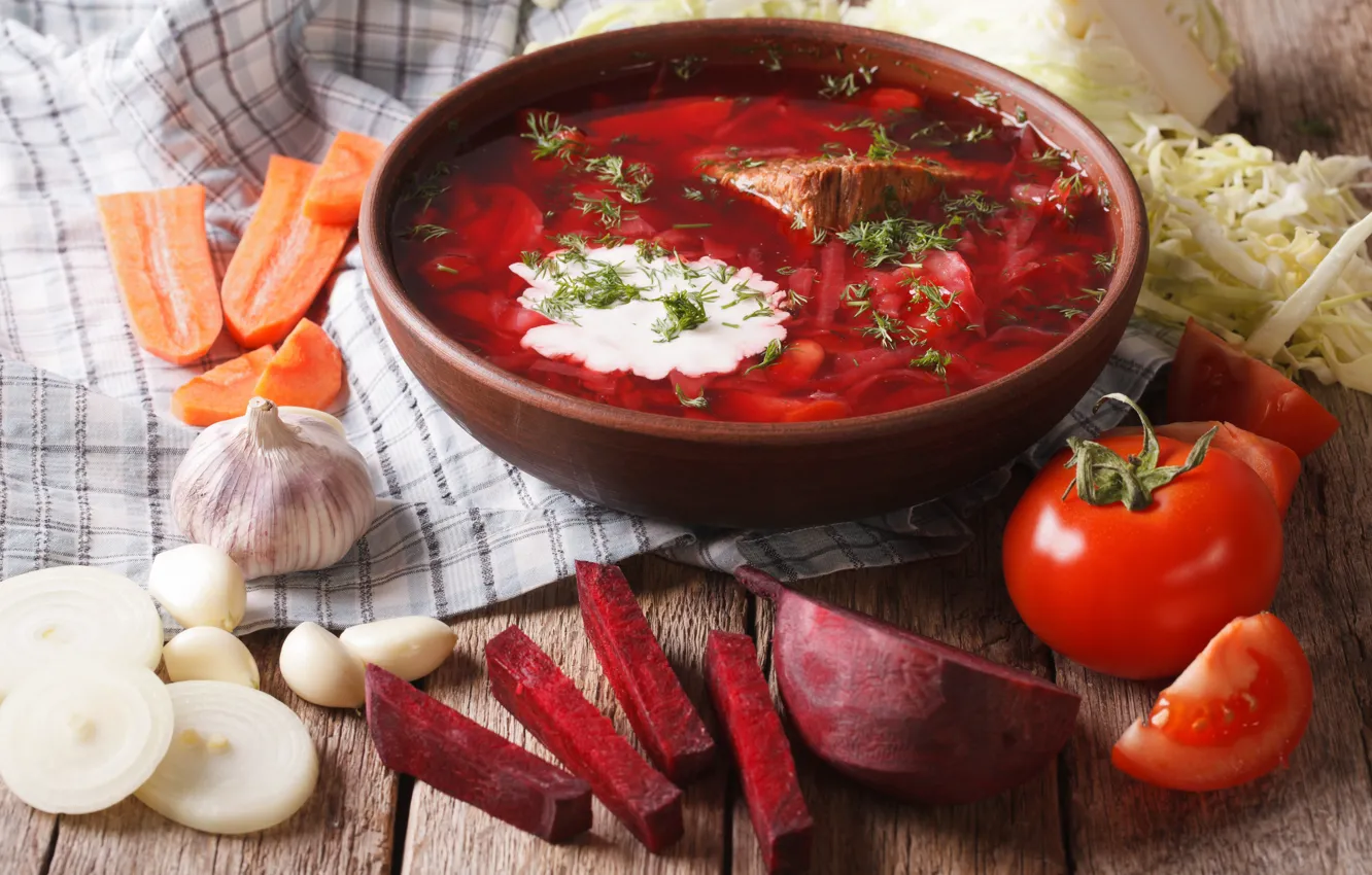 Фото обои лук, суп, мясо, овощи, морковь, борщ, tomatoes, meat