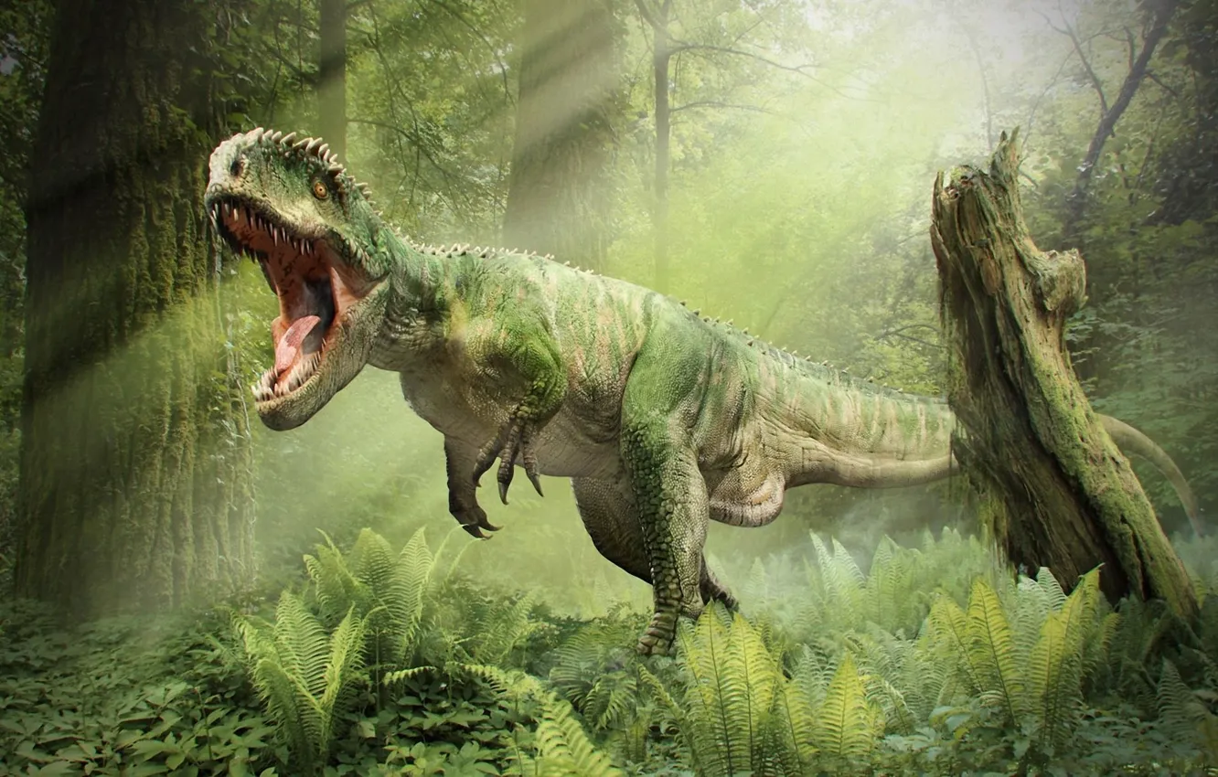 Фото обои лес, динозавр, пасть, рык, T-Rex, Тираннозавр