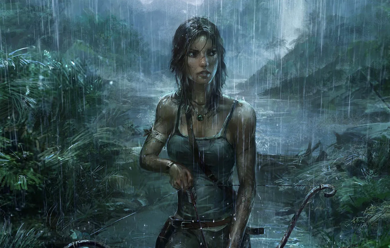 Фото обои девушка, дождь, лук, джунгли, Tomb Raider, art, Lara Croft