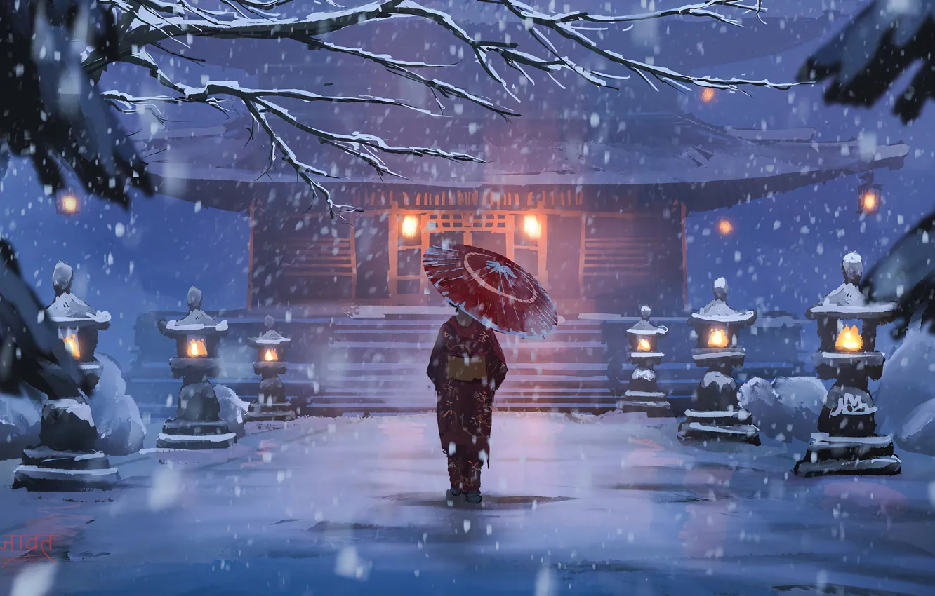 Фото обои зима, храм, winter, temple, ветки деревьев, свет фонарей, девушка с зонтиком, одинокая фигура