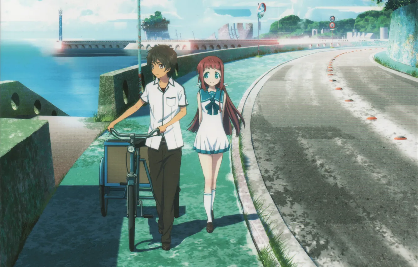 Фото обои дорога, море, велосипед, набережная, школьники, Nagi no Asukara, Tsumugu Kihara, Manaka Mukaido