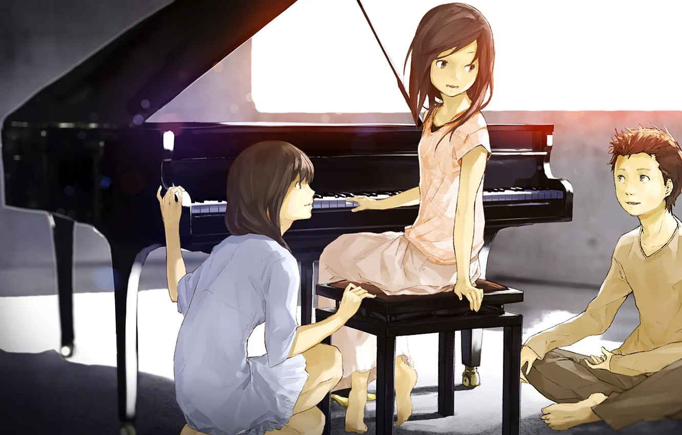 Фото обои дети, мальчик, рояль, фортепиано, Девочки, разговор, ребята, обсуждение