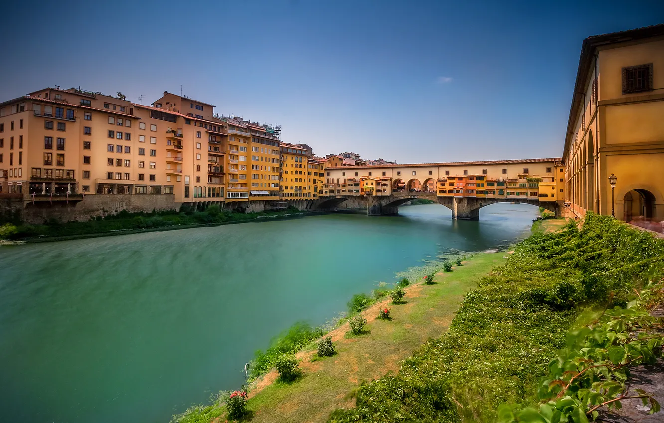 Фото обои мост, река, дома, Италия, Флоренция, Арно, Понте-Веккьо