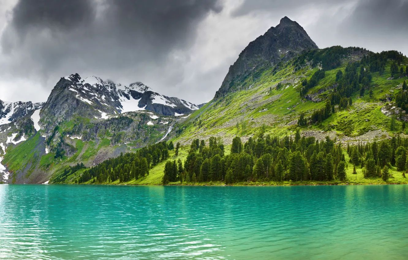 Фото обои лес, снег, природа, вершины, горное озеро