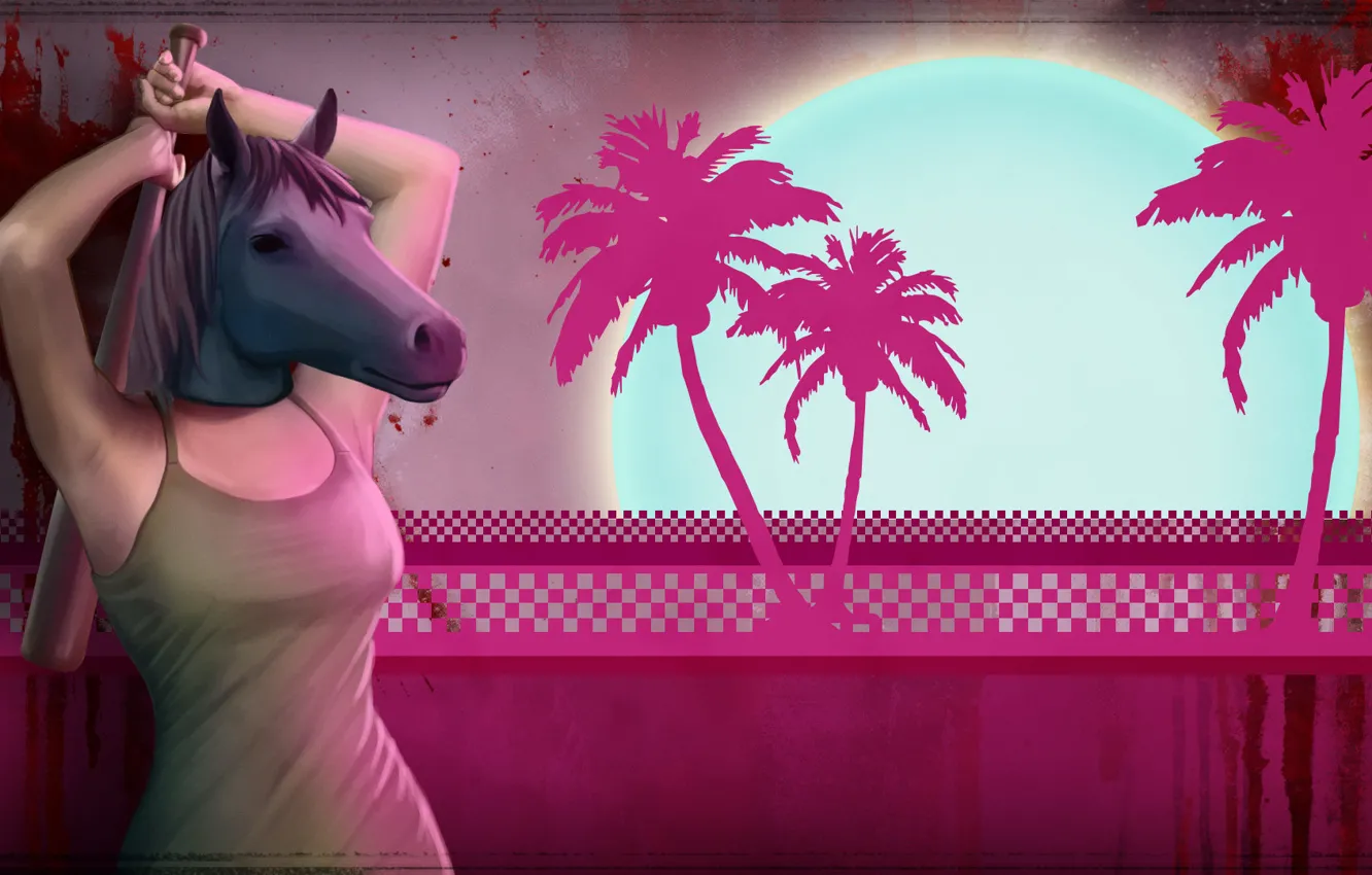 Фото обои пальмы, кровь, лошадь, маска, бита, Hotline Miami