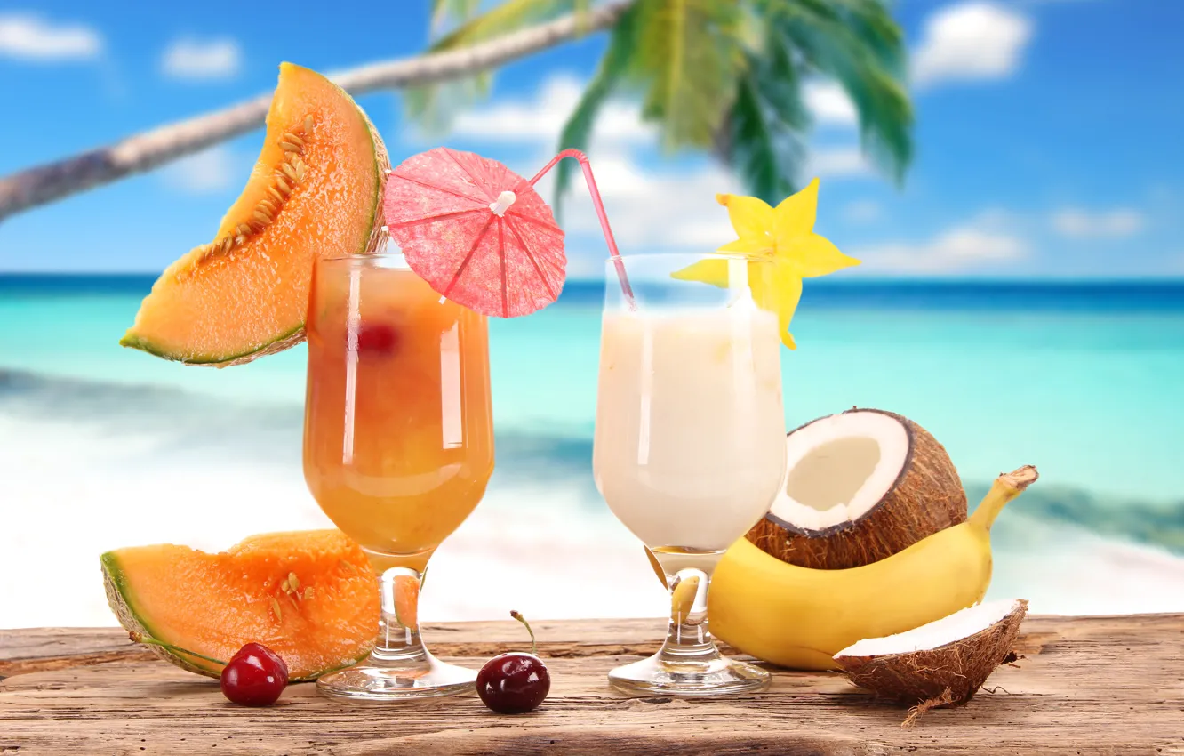Фото обои лето, вишня, отдых, кокос, бокалы, сок, фрукты, банан