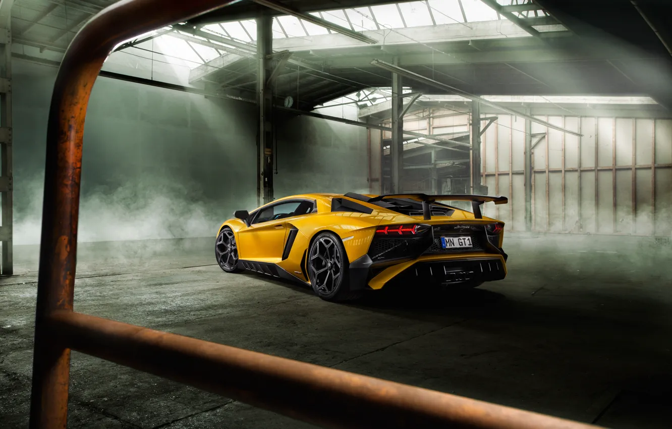 Фото обои авто, желтый, обои, Lamborghini, суперкар, задок, Aventador, ламборгини